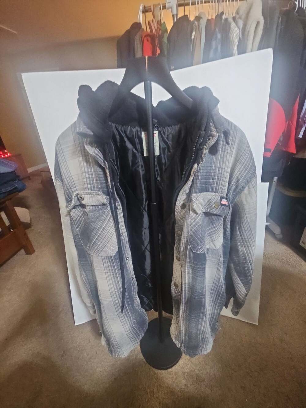 Dickies Hooded Flannel Jacket L/G 42-44 Gray Plaid Quilted Lined